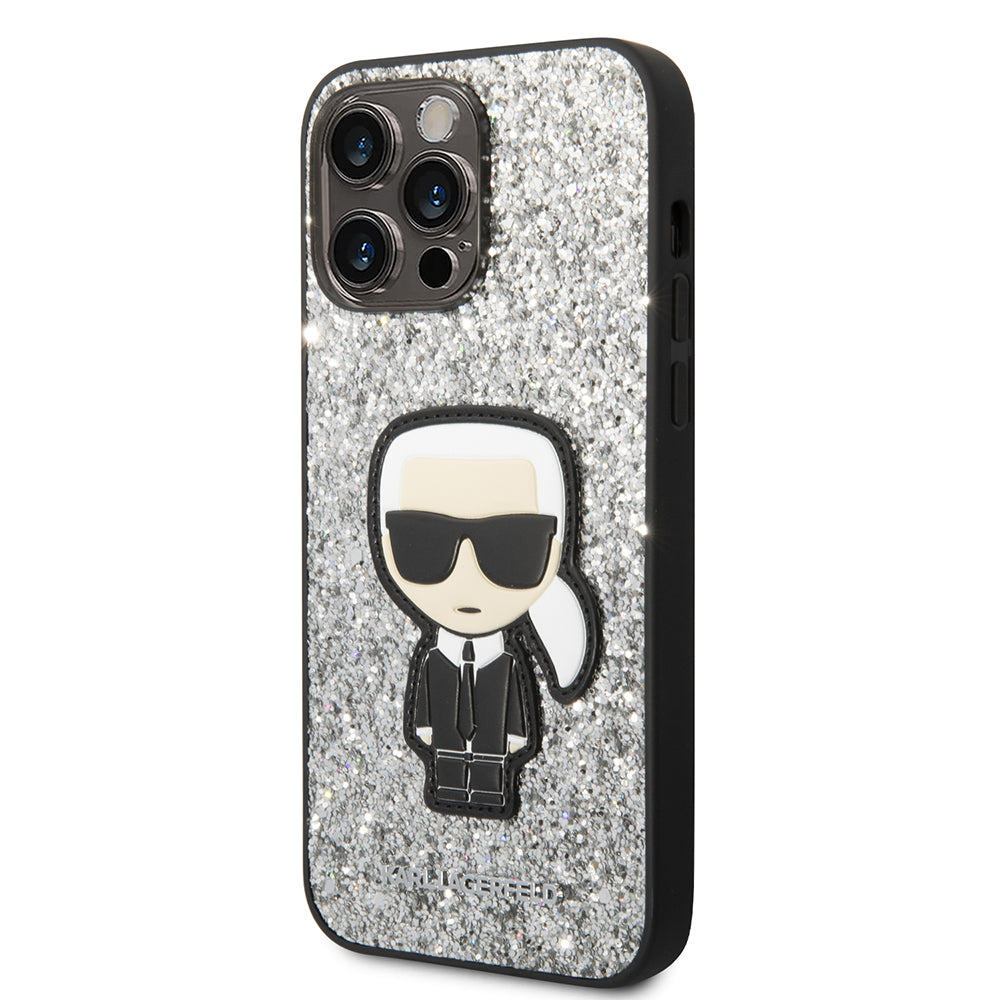 Deksel for Apple iPhone 14 Pro Max, Karl Lagerfeld, Glitter Flakes Ikonik Karl, Sølvfarget