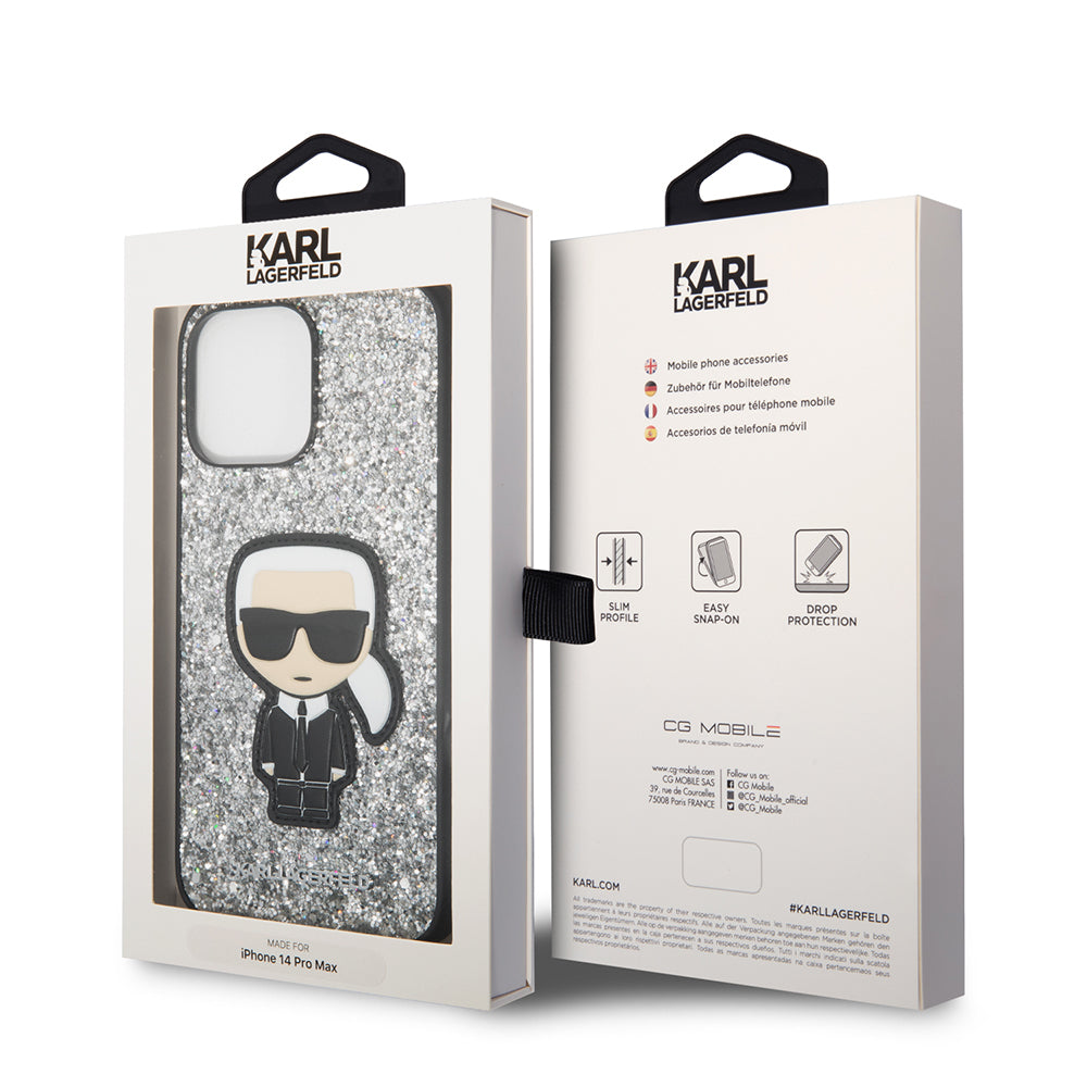 Deksel for Apple iPhone 14 Pro Max, Karl Lagerfeld, Glitter Flakes Ikonik Karl, Sølvfarget