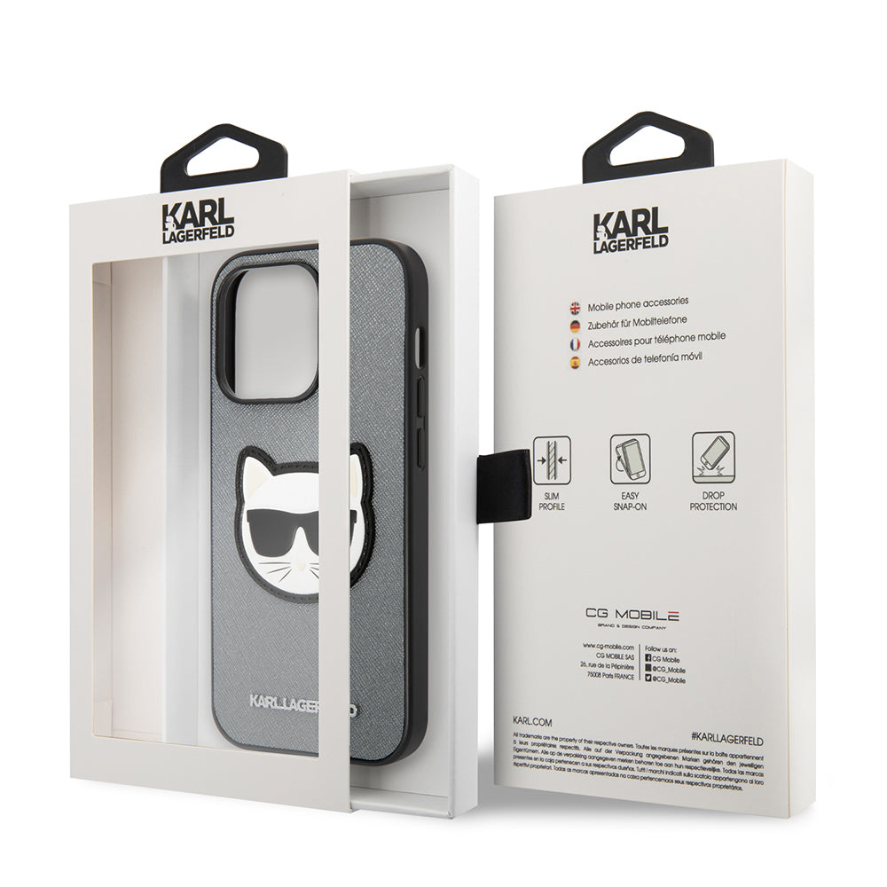 Deksel for Apple iPhone 14 Pro Max, Karl Lagerfeld, Saffiano Choupette's Head, Sølv