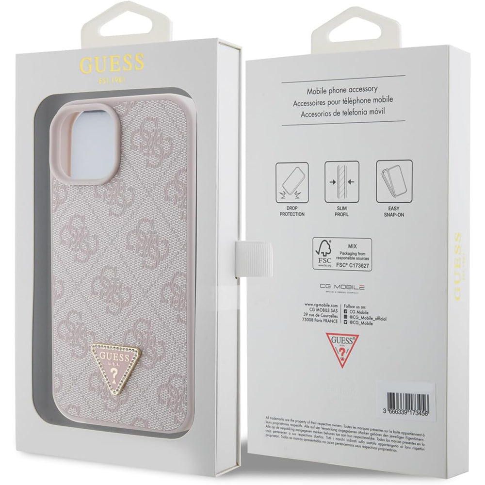 Deksel for Apple iPhone 15, Guess, 4G Triangle Strass, Rosa