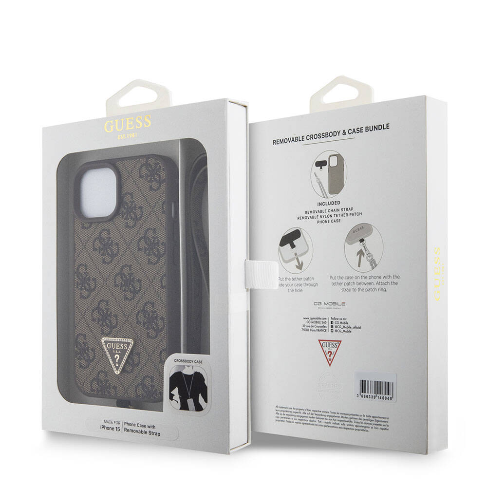 Deksel for Apple iPhone 15, Guess, Crossbody 4G Metal Logo, Brun