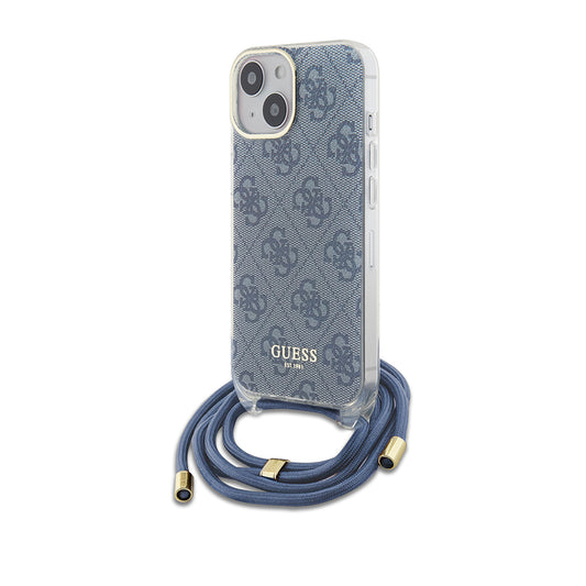 Deksel for Apple iPhone 15, Guess, Crossbody Cord 4G Print, Blå