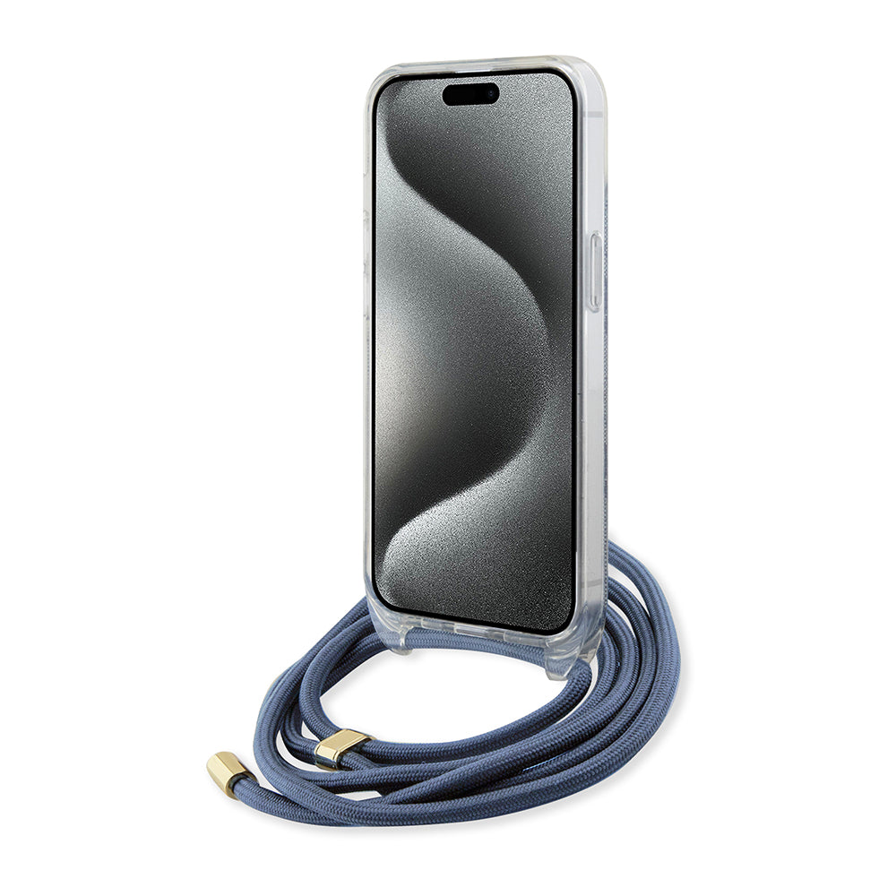 Deksel for Apple iPhone 15, Guess, Crossbody Cord 4G Print, Blå