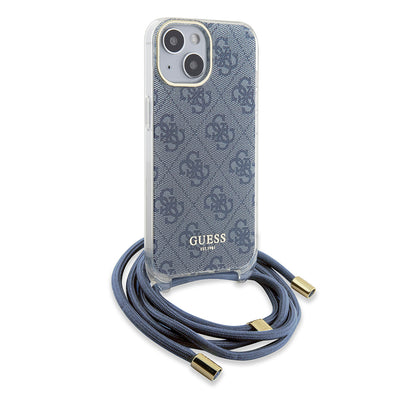 Deksel for Apple iPhone 15, Guess, Crossbody Cord 4G Print, Blå