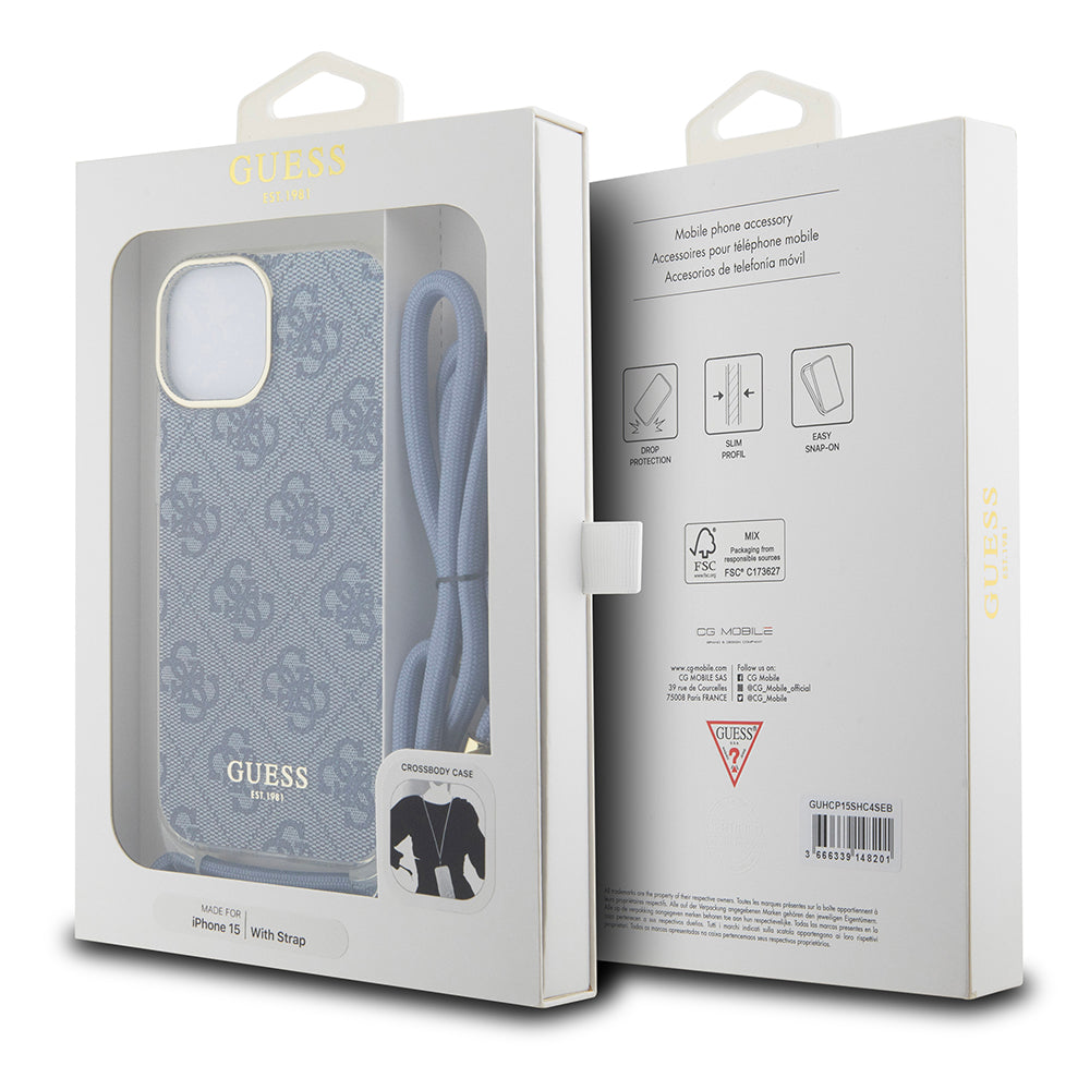 Deksel for Apple iPhone 15, Guess, Crossbody Cord 4G Print, Blå