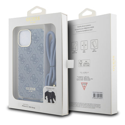 Deksel for Apple iPhone 15, Guess, Crossbody Cord 4G Print, Blå