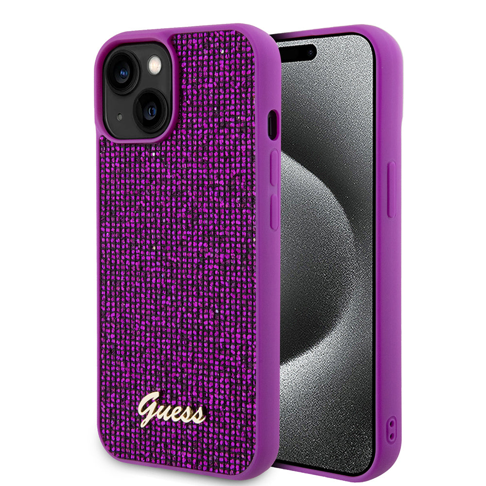 Deksel for Apple iPhone 15, Guess, Disco Metal Script, Fuchsia