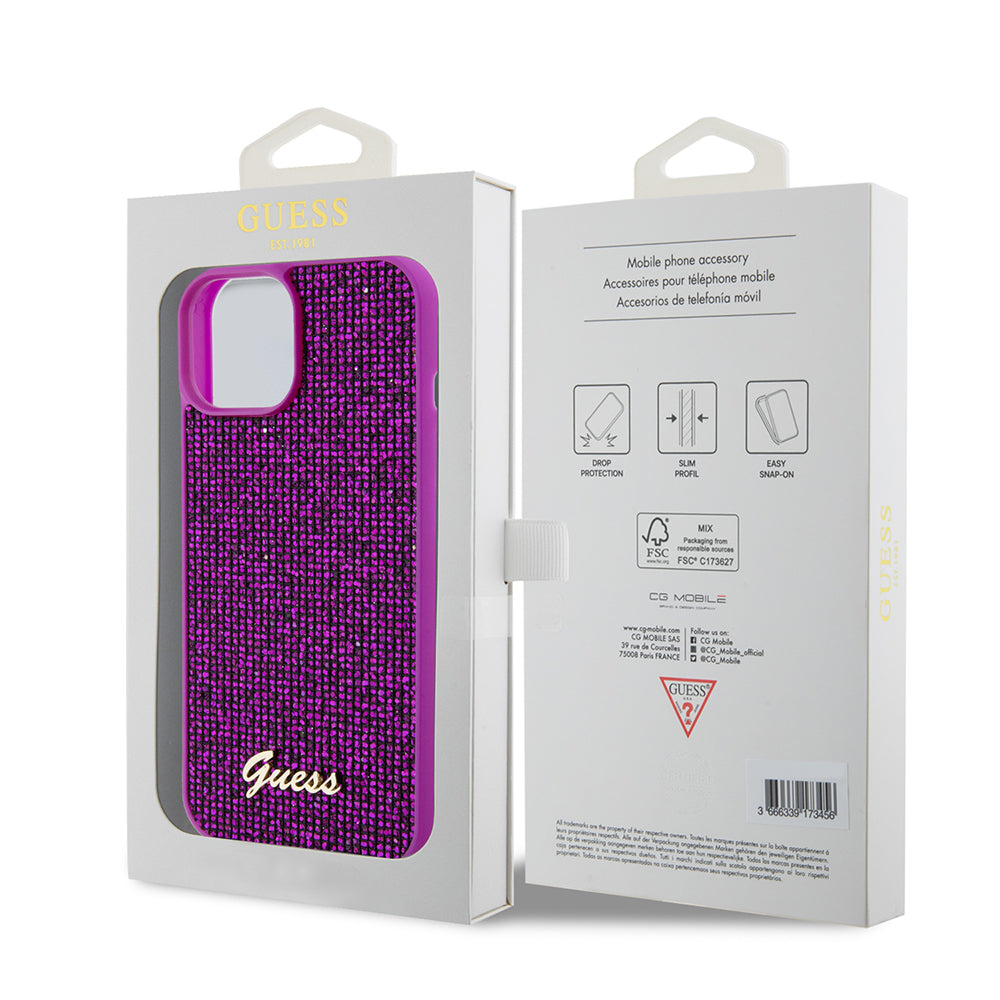 Deksel for Apple iPhone 15, Guess, Disco Metal Script, Fuchsia