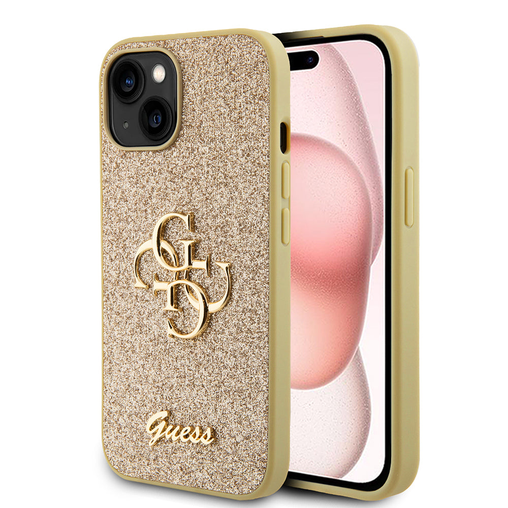 Deksel for Apple iPhone 15, Guess, Glitter Big 4G Script, Gull