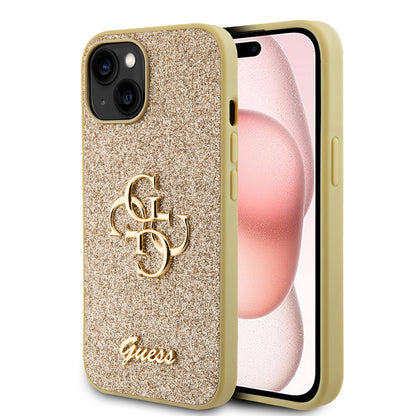 Deksel for Apple iPhone 15, Guess, Glitter Big 4G Script, Gull