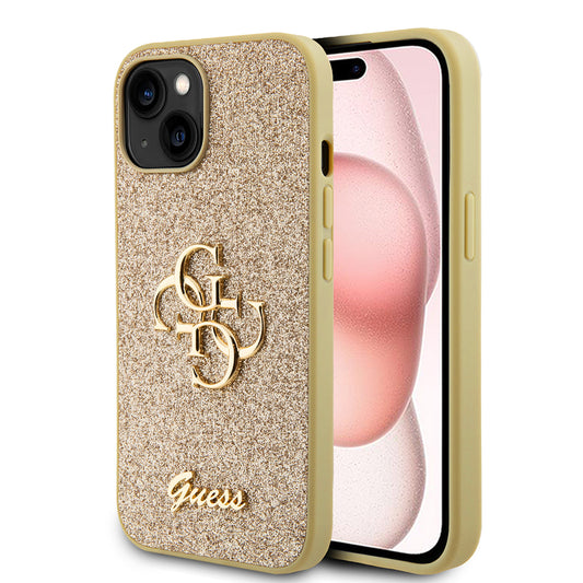 Deksel for Apple iPhone 15, Guess, Glitter Big 4G Script, Gull