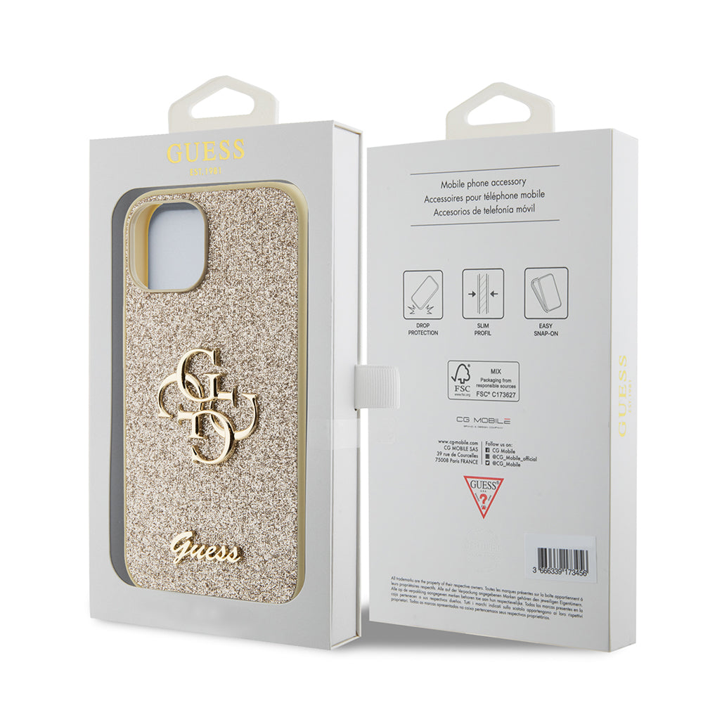 Deksel for Apple iPhone 15, Guess, Glitter Big 4G Script, Gull