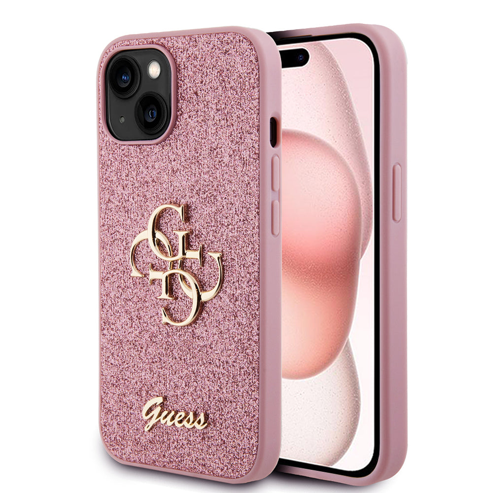 Deksel for Apple iPhone 15, Guess, Glitter Big 4G Script, Rosa
