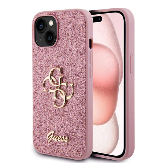 Deksel for Apple iPhone 15, Guess, Glitter Big 4G Script, Rosa