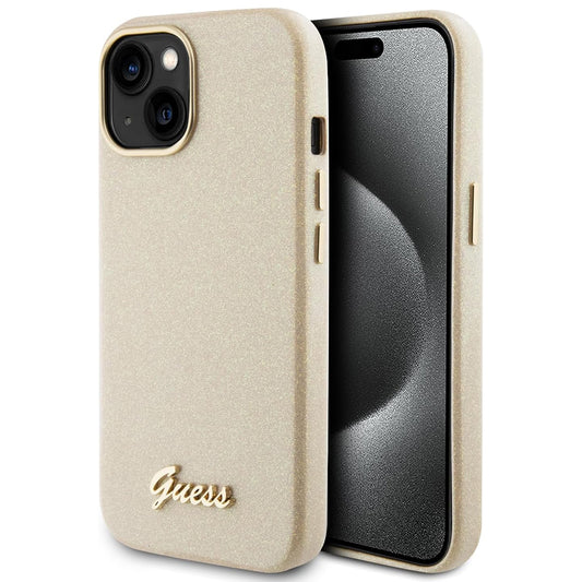 Deksel for Apple iPhone 15, Guess, Glitter Glossy Script, Beige