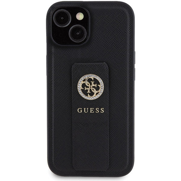 Deksel for Apple iPhone 15, Guess, Grip Stand 4G Saffiano Strass, Svart