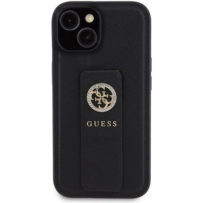 Deksel for Apple iPhone 15, Guess, Grip Stand 4G Saffiano Strass, Svart