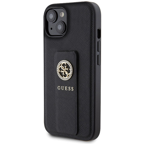 Deksel for Apple iPhone 15, Guess, Grip Stand 4G Saffiano Strass, Svart