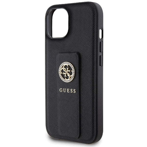 Deksel for Apple iPhone 15, Guess, Grip Stand 4G Saffiano Strass, Svart