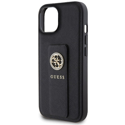 Deksel for Apple iPhone 15, Guess, Grip Stand 4G Saffiano Strass, Svart