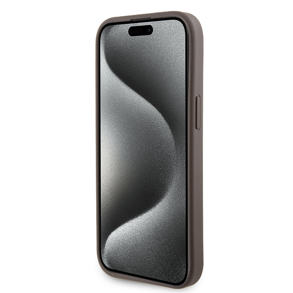 Deksel for Apple iPhone 15, Guess, Grip Stand 4G Triangle Strass, Brun