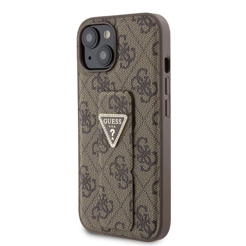 Deksel for Apple iPhone 15, Guess, Grip Stand 4G Triangle Strass, Brun