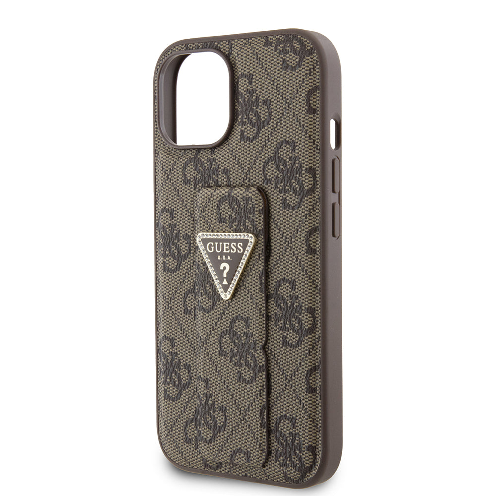 Deksel for Apple iPhone 15, Guess, Grip Stand 4G Triangle Strass, Brun