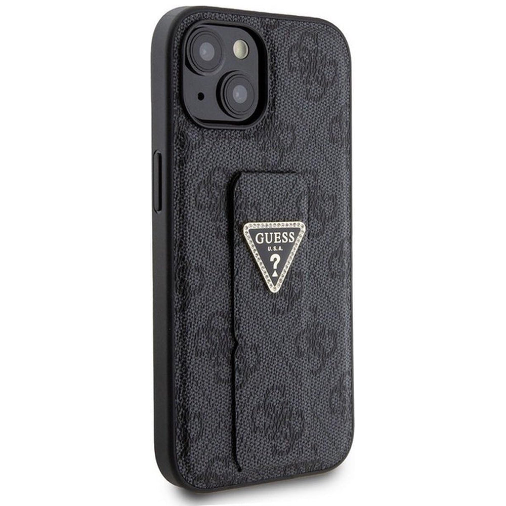 Deksel for Apple iPhone 15, Guess, Grip Stand 4G Triangle Strass, Svart