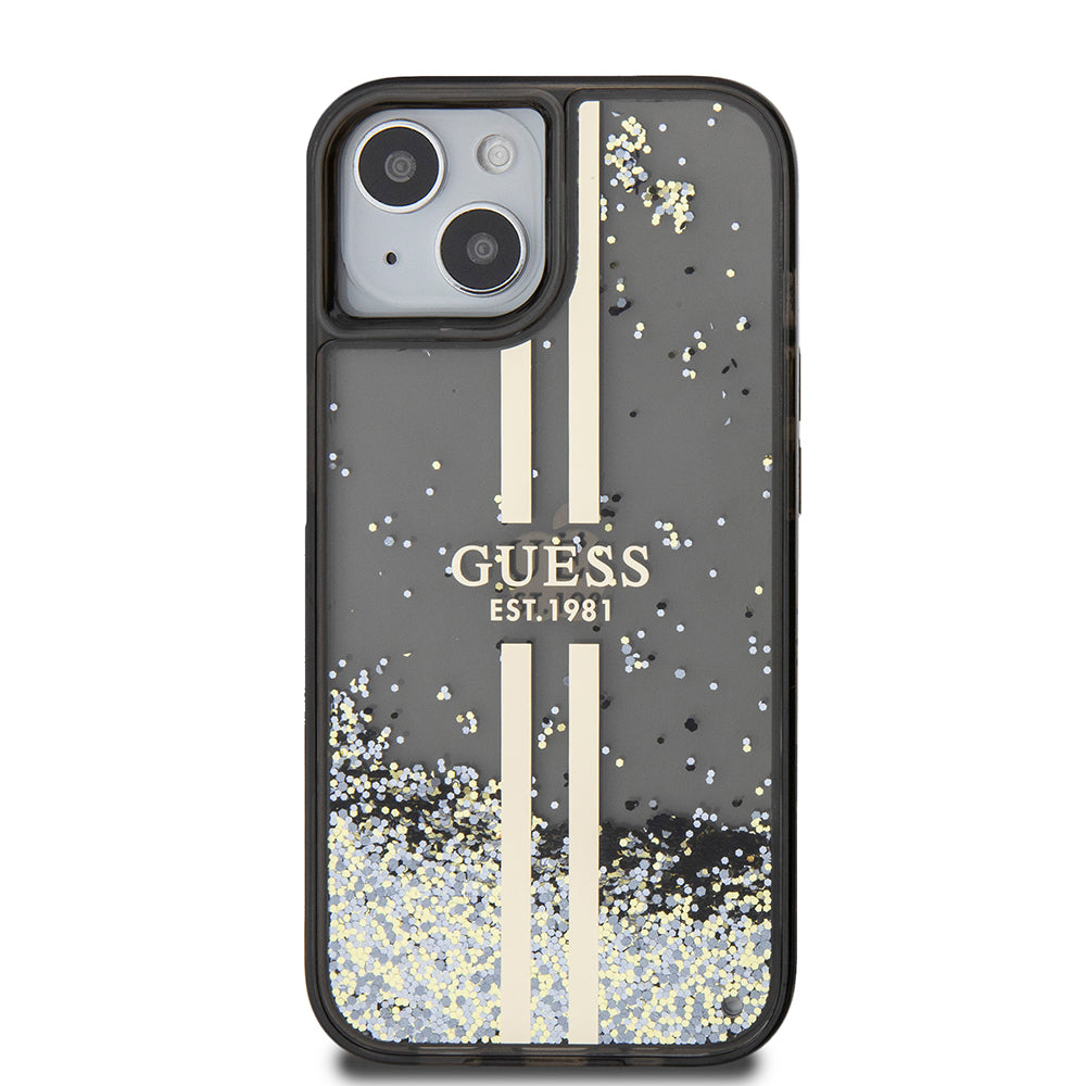 Deksel for Apple iPhone 15, Guess, Liquid Glitter Gold Stripes, Svart