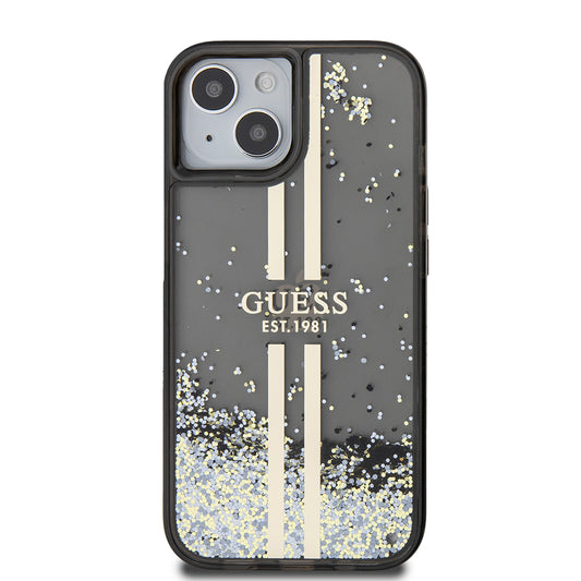 Deksel for Apple iPhone 15, Guess, Liquid Glitter Gold Stripes, Svart