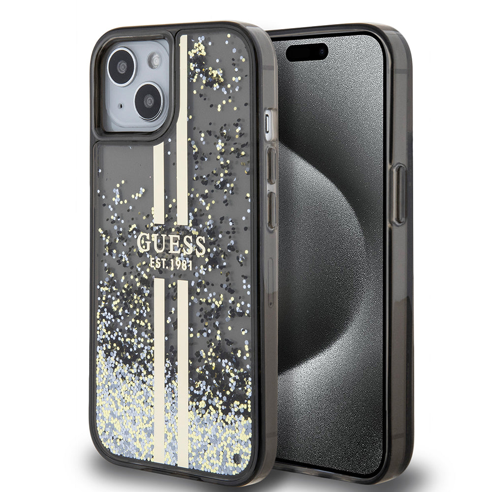 Deksel for Apple iPhone 15, Guess, Liquid Glitter Gold Stripes, Svart