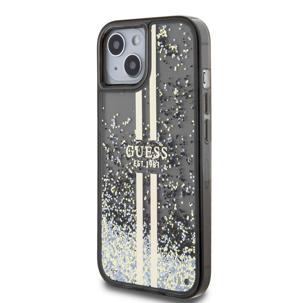Deksel for Apple iPhone 15, Guess, Liquid Glitter Gold Stripes, Svart