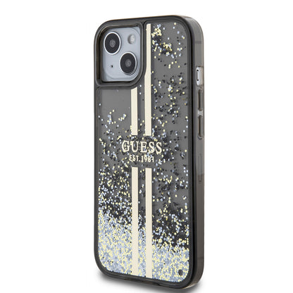 Deksel for Apple iPhone 15, Guess, Liquid Glitter Gold Stripes, Svart