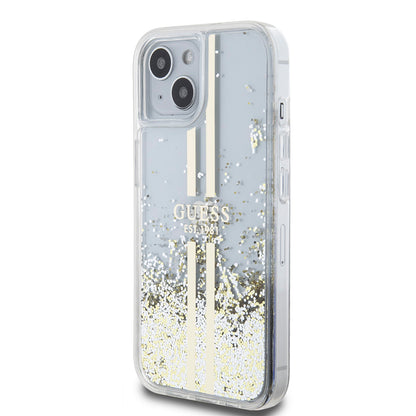 Deksel for Apple iPhone 15, Guess, Liquid Glitter Gold Stripes, Gjennomsiktig