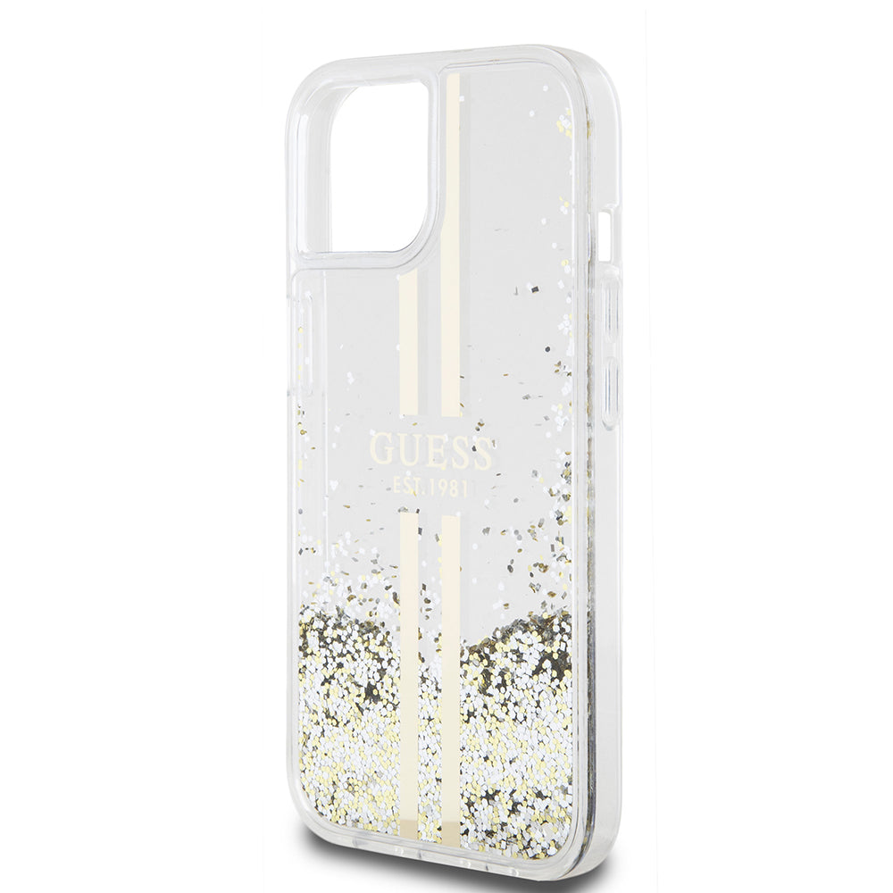 Deksel for Apple iPhone 15, Guess, Liquid Glitter Gold Stripes, Gjennomsiktig