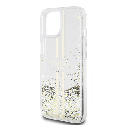 Deksel for Apple iPhone 15, Guess, Liquid Glitter Gold Stripes, Gjennomsiktig