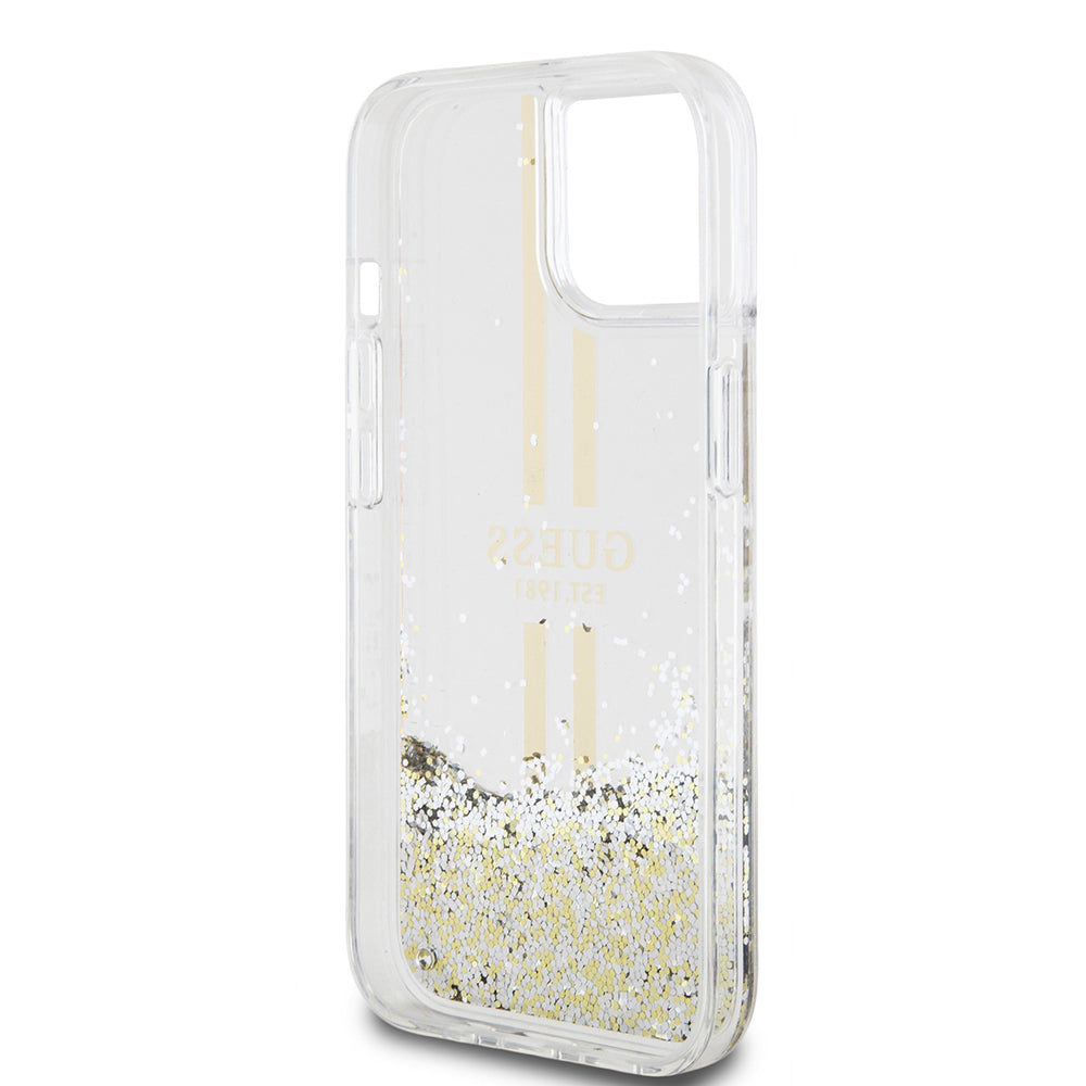 Deksel for Apple iPhone 15, Guess, Liquid Glitter Gold Stripes, Gjennomsiktig
