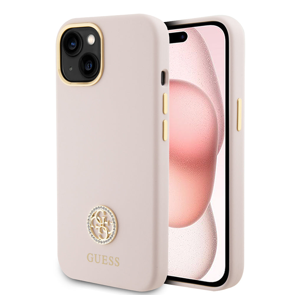 Deksel for Apple iPhone 15, Guess, Logo Strass 4G, Lys Rosa