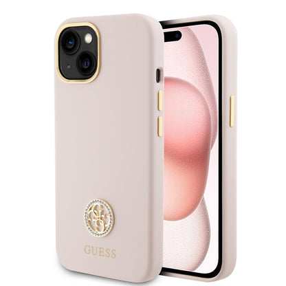 Deksel for Apple iPhone 15, Guess, Logo Strass 4G, Lys Rosa