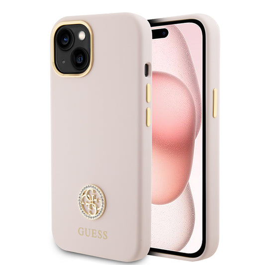 Deksel for Apple iPhone 15, Guess, Logo Strass 4G, Lys Rosa