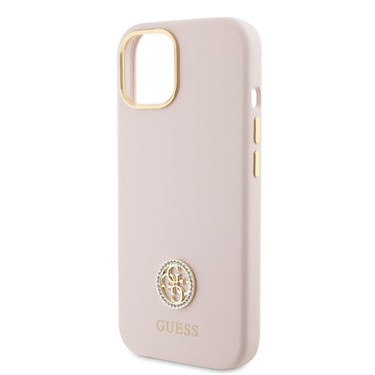 Deksel for Apple iPhone 15, Guess, Logo Strass 4G, Lys Rosa