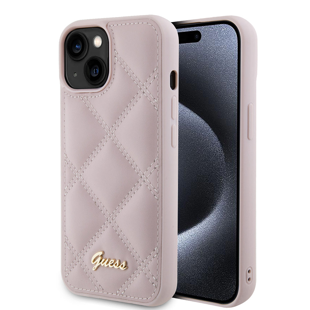 Deksel for Apple iPhone 15, Guess, Quilted Metal Logo, Rosa