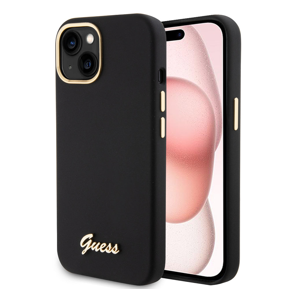 Deksel for Apple iPhone 15, Guess, Script Metal Logo & Frame, Svart