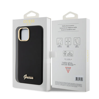 Deksel for Apple iPhone 15, Guess, Script Metal Logo & Frame, Svart