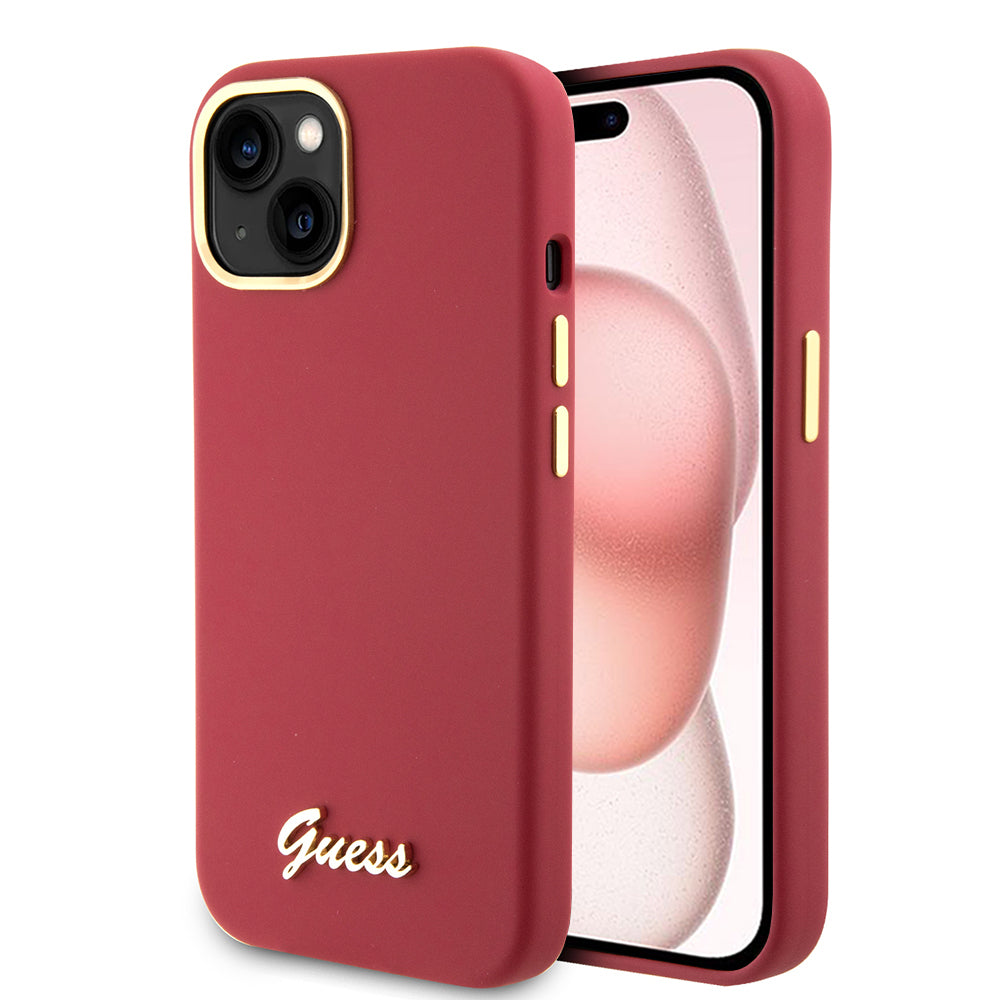 Deksel for Apple iPhone 15, Guess, Script Metal Logo & Frame, Rosa