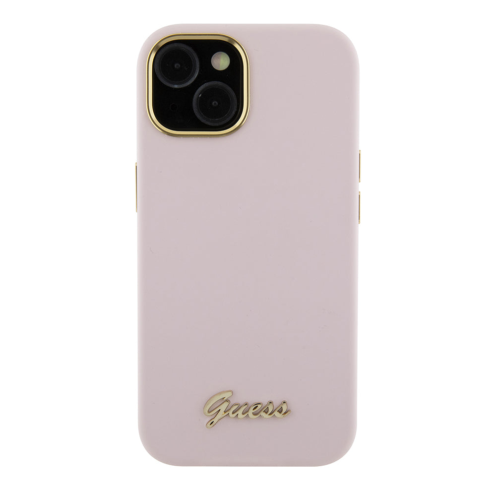Deksel for Apple iPhone 15, Guess, Script Metal Logo & Frame, Lys Rosa