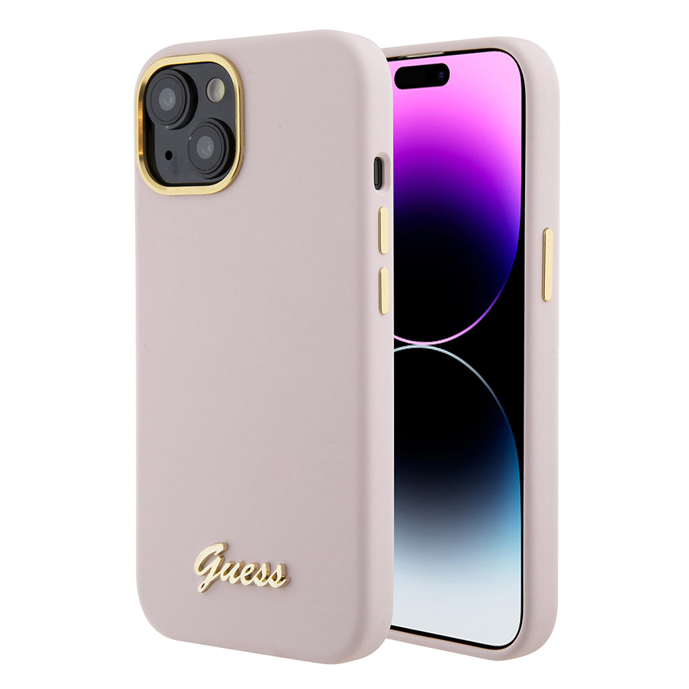 Deksel for Apple iPhone 15, Guess, Script Metal Logo & Frame, Lys Rosa