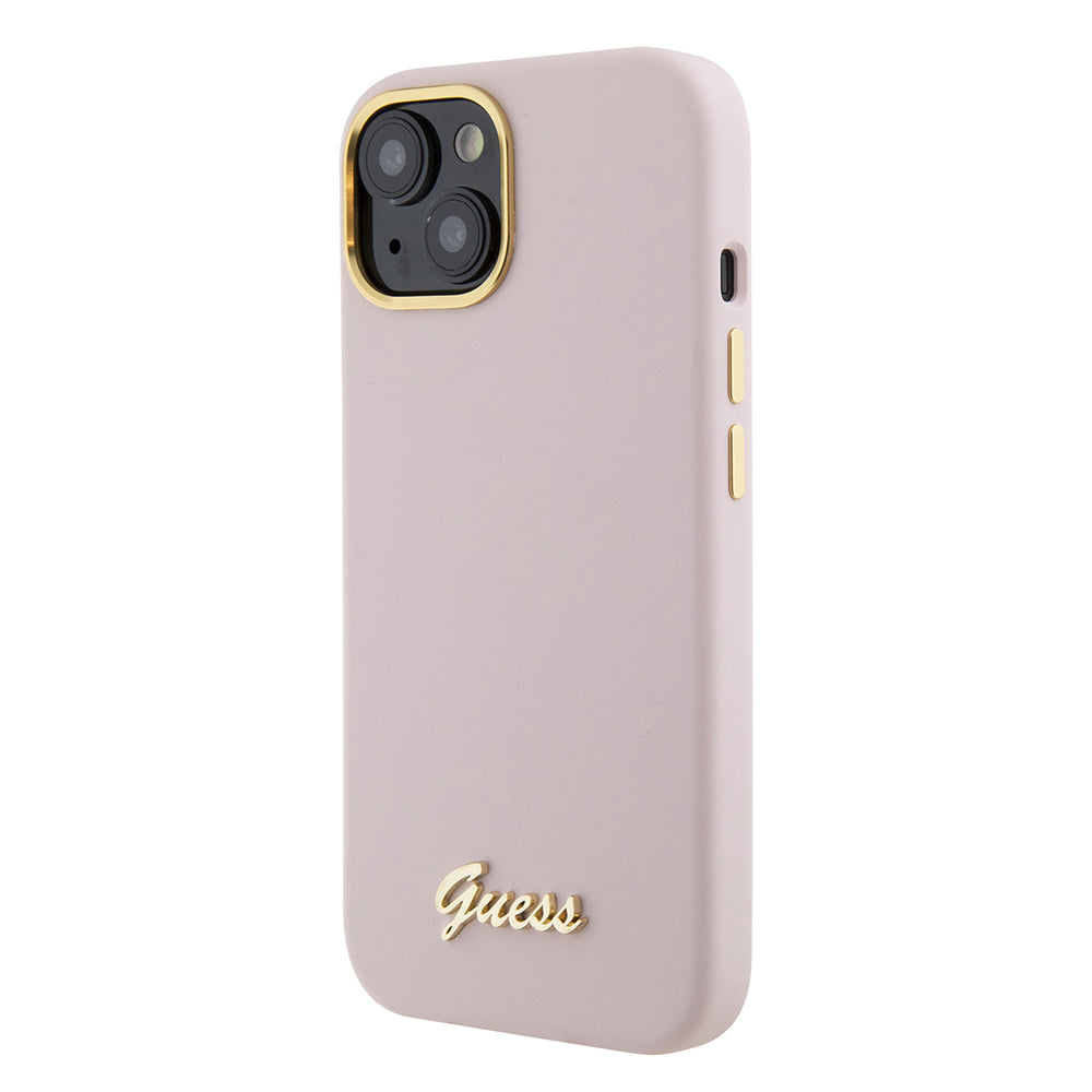 Deksel for Apple iPhone 15, Guess, Script Metal Logo & Frame, Lys Rosa