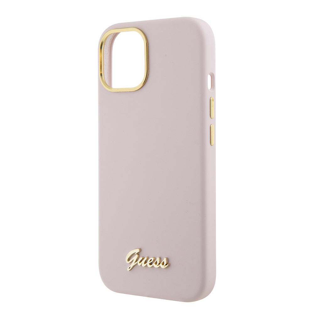 Deksel for Apple iPhone 15, Guess, Script Metal Logo & Frame, Lys Rosa
