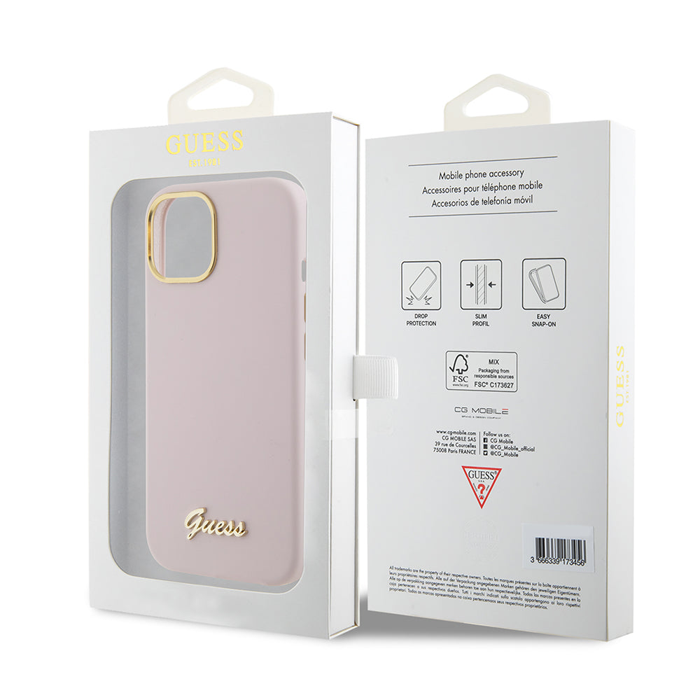 Deksel for Apple iPhone 15, Guess, Script Metal Logo & Frame, Lys Rosa